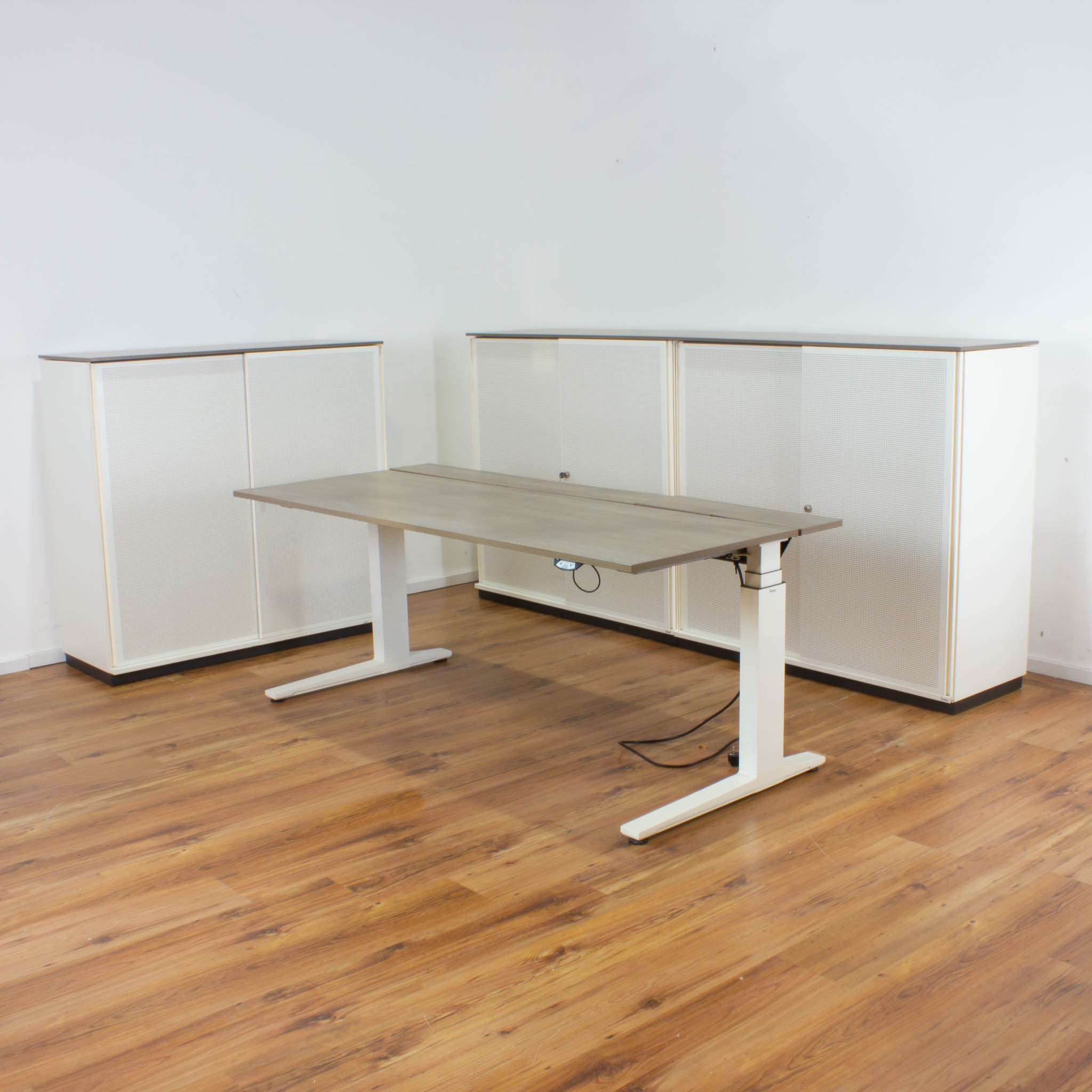 bene Office-Set - 1x 120 cm Sideboard 1x 240cm Sideboard 1x E-Schreibtisch 180x80cm - weiß & eiche grau