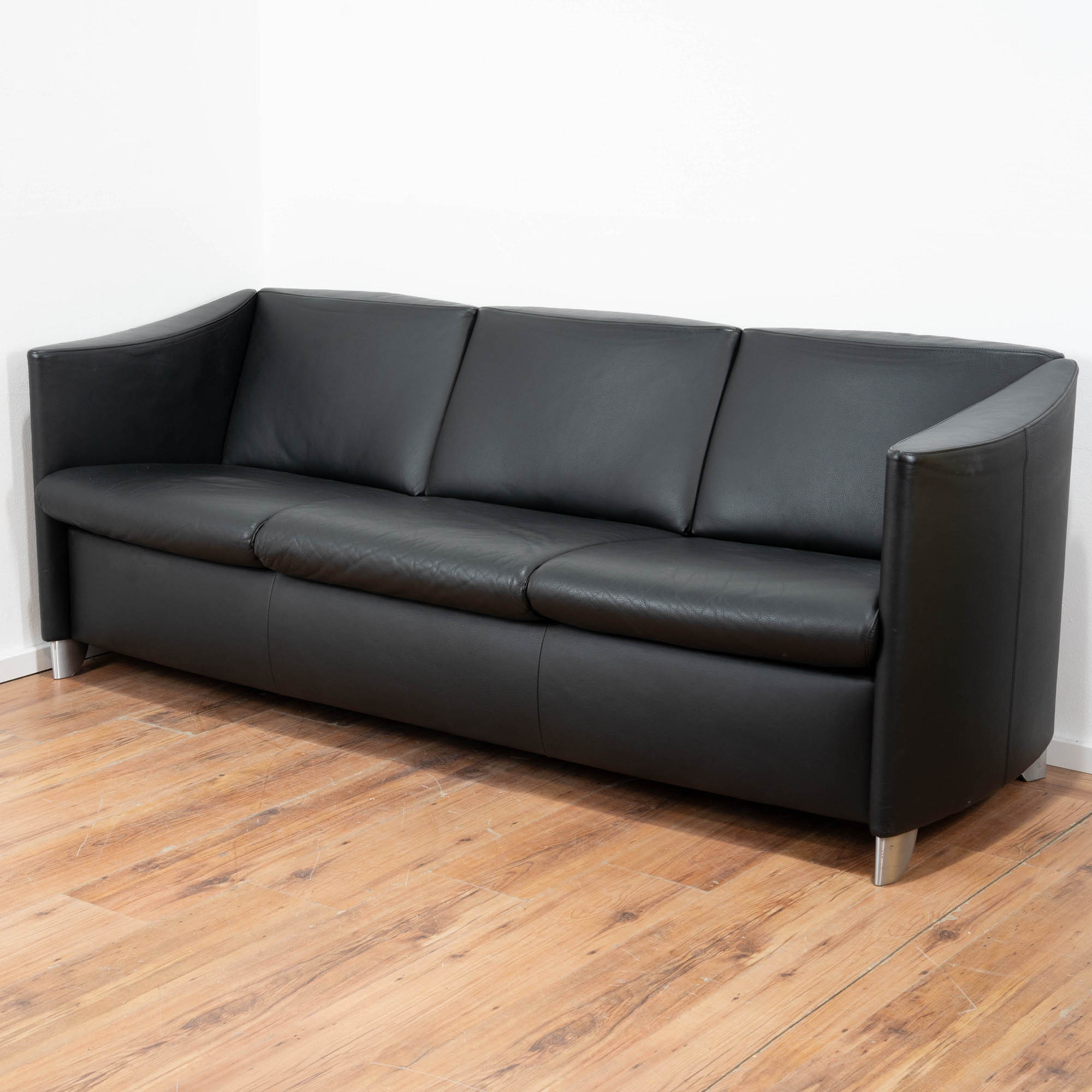 Leder Couch 3-Sitzer schwarz 200 x 72 cm - 4-Fußgestell Silber