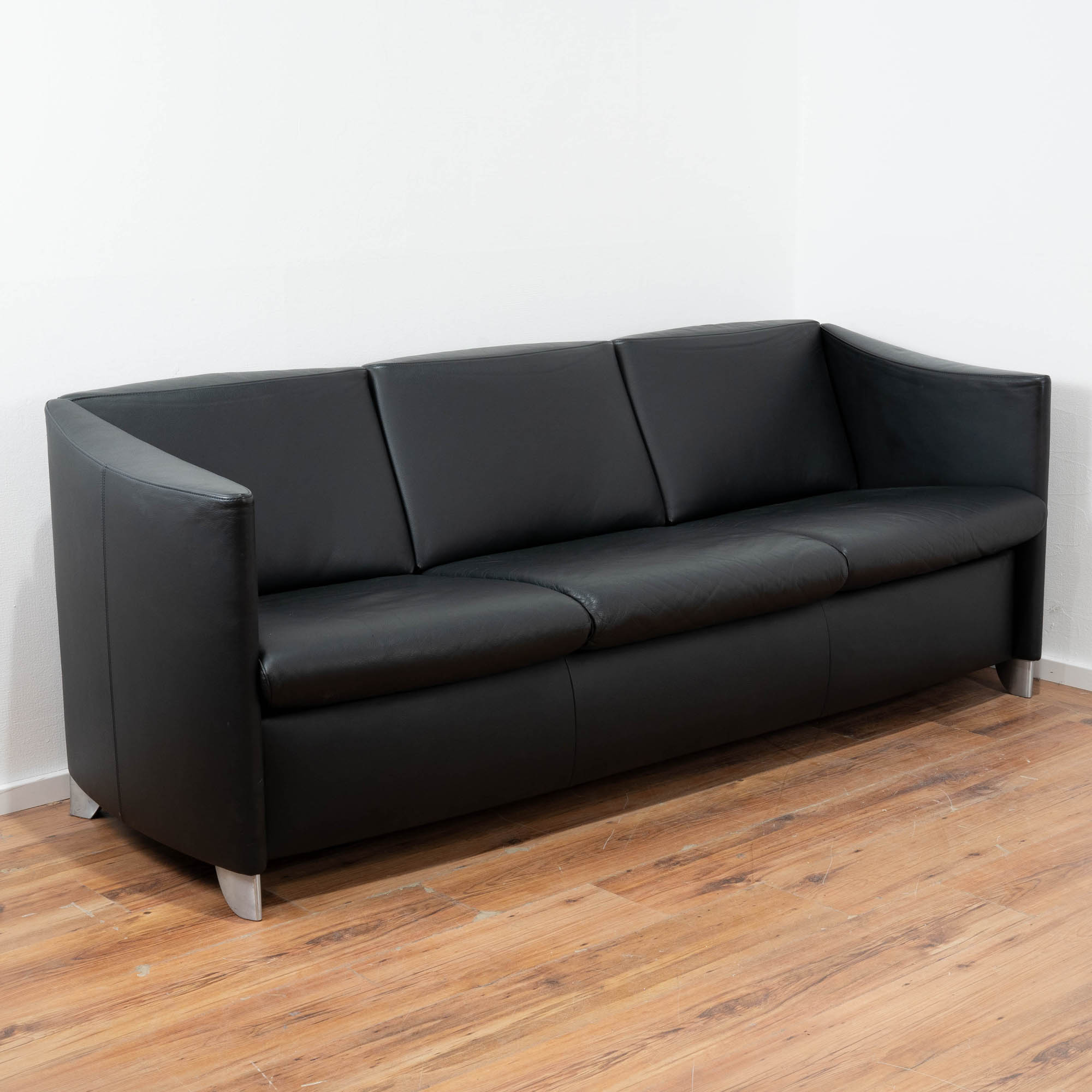 Leder Couch 3-Sitzer schwarz 200 x 72 cm - 4-Fußgestell Silber