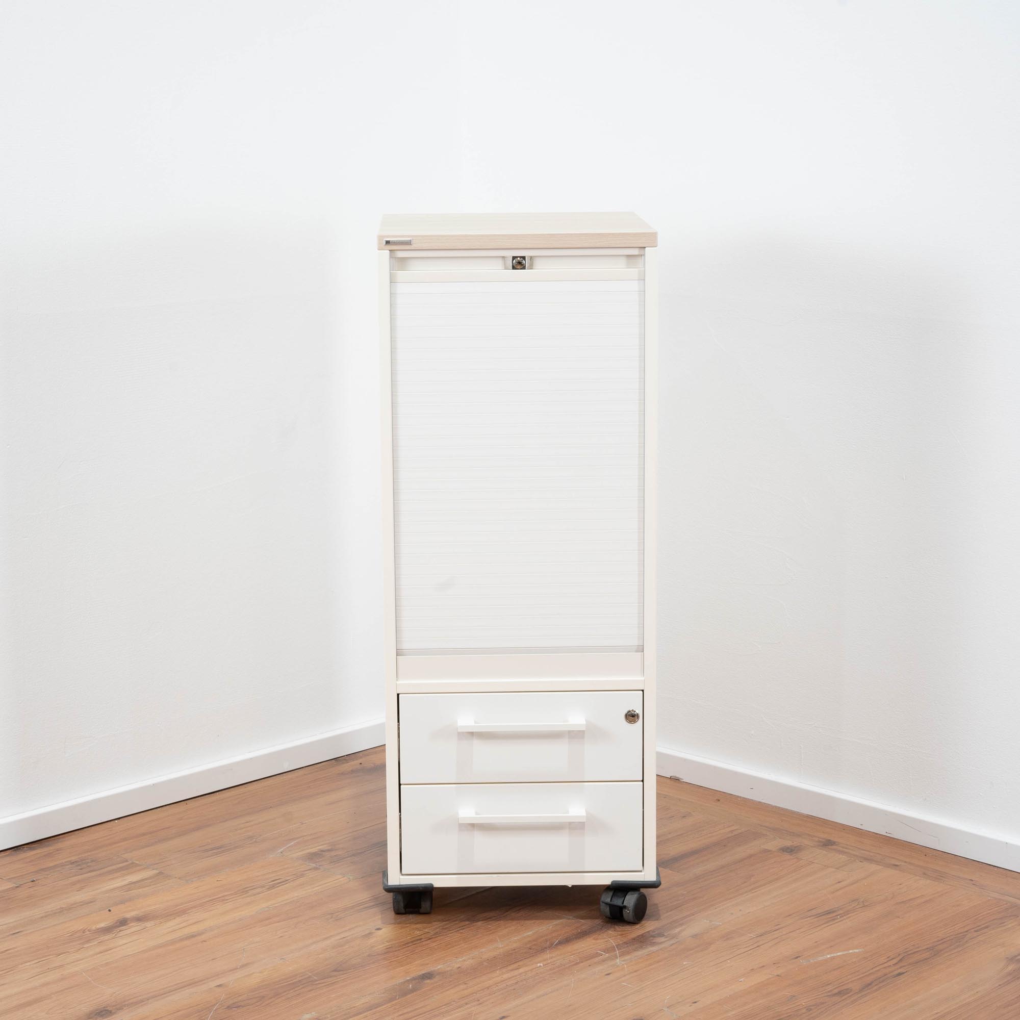 Palmberg Caddy weiß - Rolladen weiß - Deckplatte Eiche - abschließbar - Maße: 112 x 43 x 44 cm (H/B/T)
